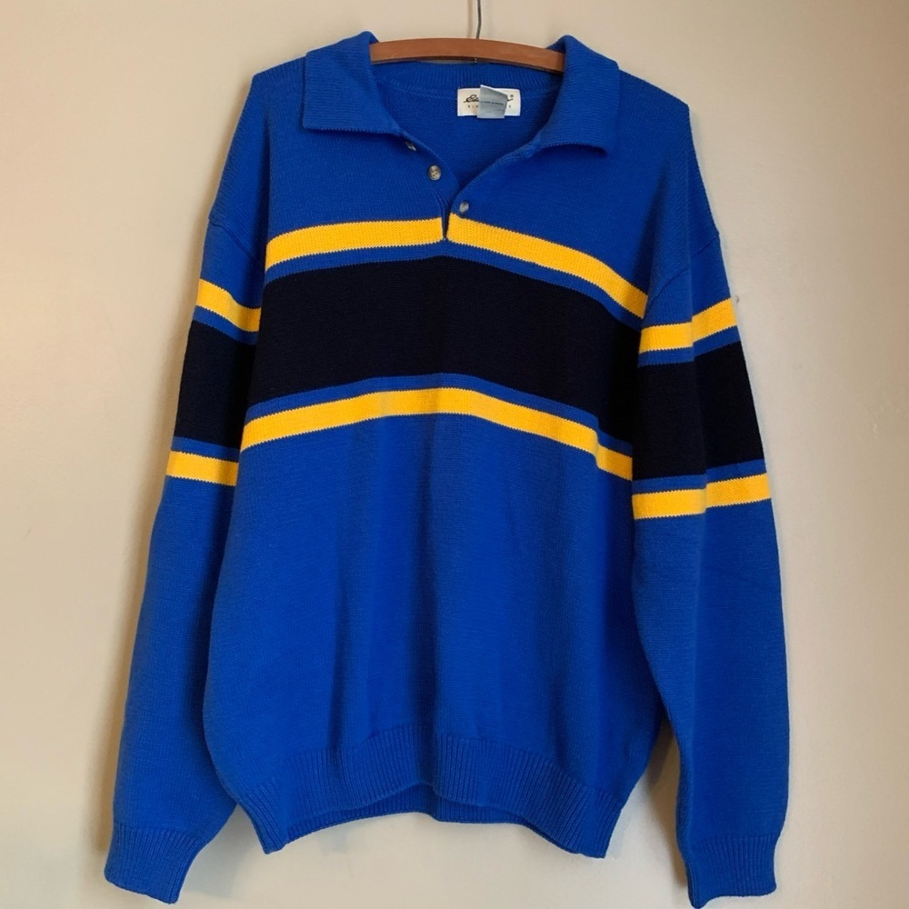 Vtg Eddie Bauer Sweater Men Blue Yellow Polo Preppy Coastal Country Club 90’s